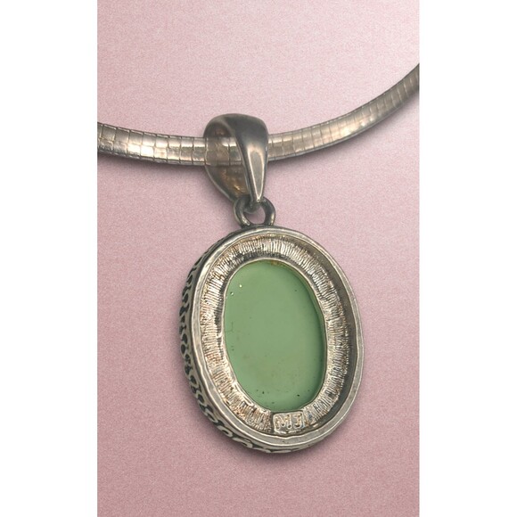 VTG Signed MJ Marie Jennifer Silver Tone Green Stone Pendant Necklace Earrings - Picture 5 of 12